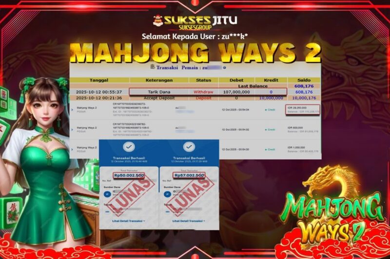 SUKSESJITU JACKPOT SLOT MAHJONG WAYS 2 Rp.107.608.000.,- LUNAS