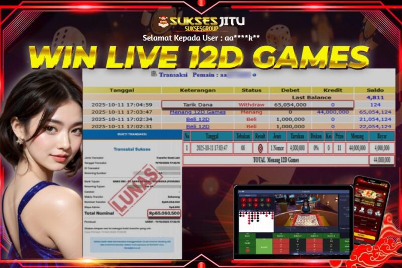 SUKSESJITU JACKPOT LIVE GAMES 12D GAMES Rp.65.054.000.,- LUNAS