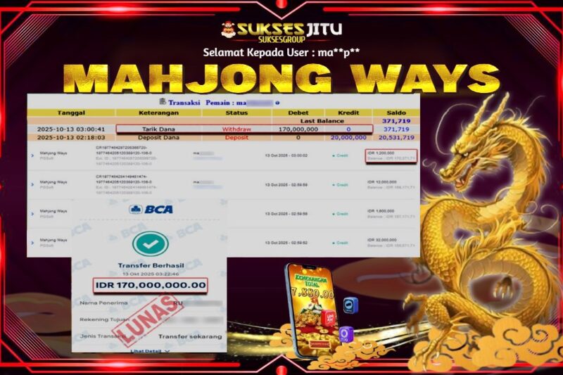 SUKSESJITU JACKPOT SLOT MAHJONG WAYS Rp.170.000.000,- LUNAS