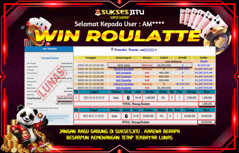SUKSESJITU JACKPOT LIVE GAMES ROULATTE Rp.52.850.000,- LUNAS