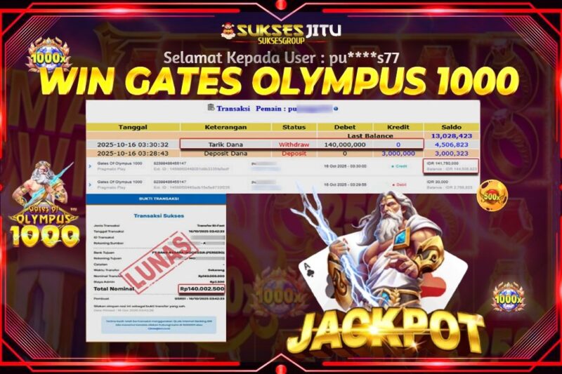 SUKSESJITU JACKPOT SLOT GATES OLYMPUS 1000 Rp.140.000.000,- LUNAS