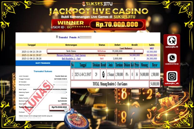 SUKSESJITU JACKPOT LIVE GAMES ROULETTE 2 Rp.70.000.000,- LUNAS