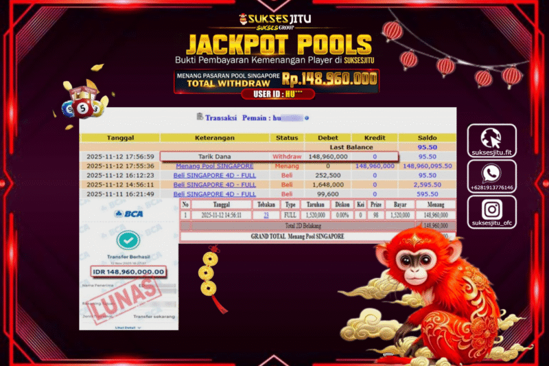 SUKSESJITU JACKPOT TOGEL PASARAN POOL SINGAPORE Rp.148.960.000,- LUNAS