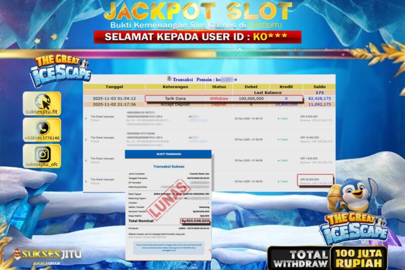 SUKSESJITU JACKPOT SLOT THE GREAT ICE SCAPE Rp.100.000.000.,- LUNAS
