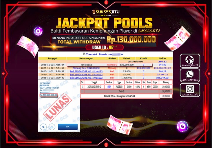 SUKSESJITU JACKPOT TOGEL POOL SINGAPORE Rp.130.000.000.,- LUNAS