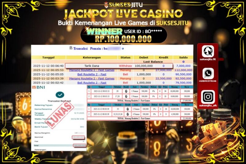 SUKSESJITU JACKPOT LIVE GAMES ROULATTE 2 Rp.100.000.000,- LUNAS