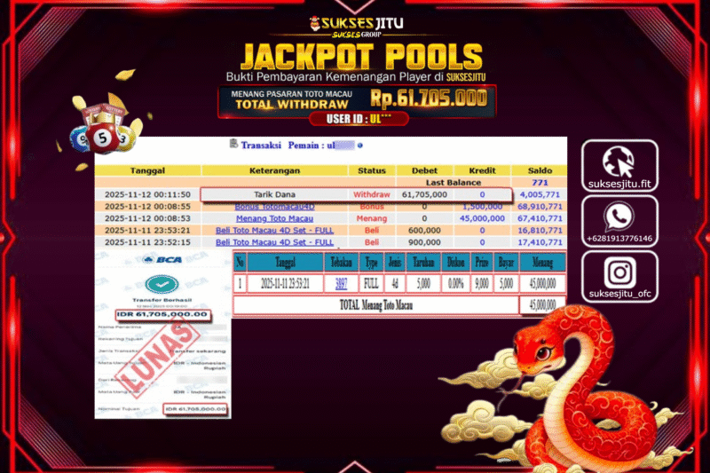SUKSESJITU JACKPOT TOGEL PASARAN TOTO MACAU Rp.61.705.000,- LUNAS