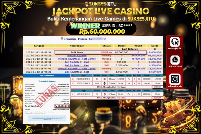 SUKSESJITU JACKPOT LIVE GAMES ROULATTE 2 Rp.60.000.000,- LUNAS