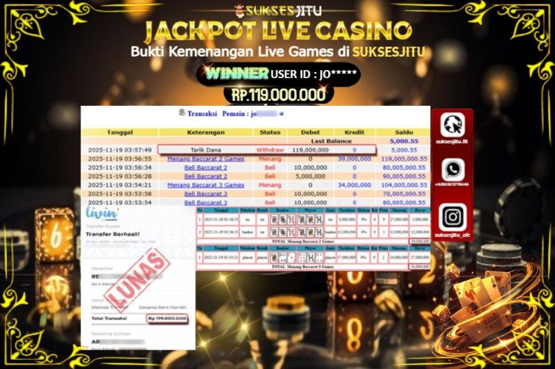 SUKSESJITU JACKPOT LIVE GAMES BACCARAT 2 Rp.119.000.000,- LUNAS