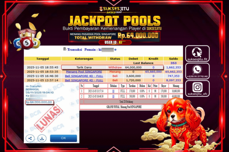 SUKSESJITU JACKPOT TOGEL PASARAN POOL SINGAPORE Rp.64.000.000,- LUNAS