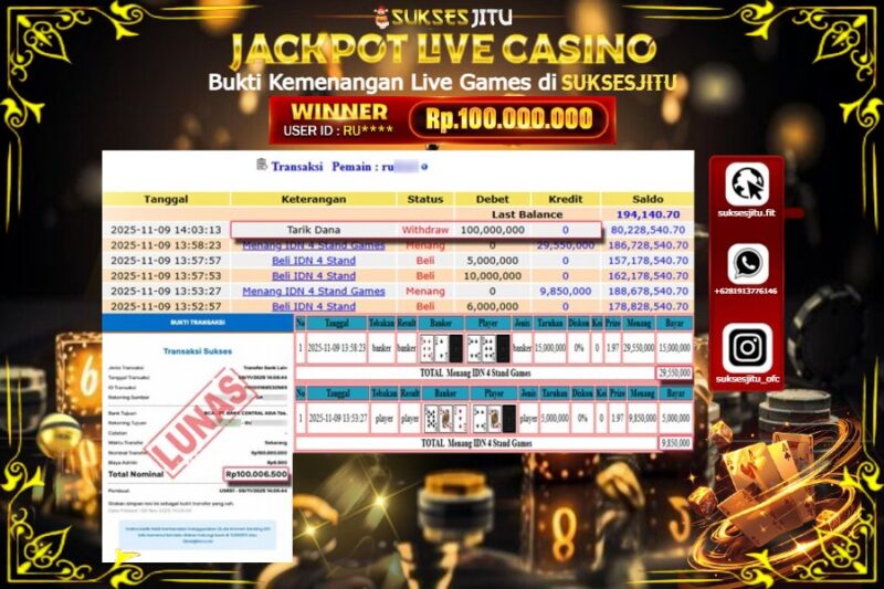 SUKSESJITU JACKPOT LIVE GAMES IDN 4 STAND GAMES Rp.100.000.000,- LUNAS