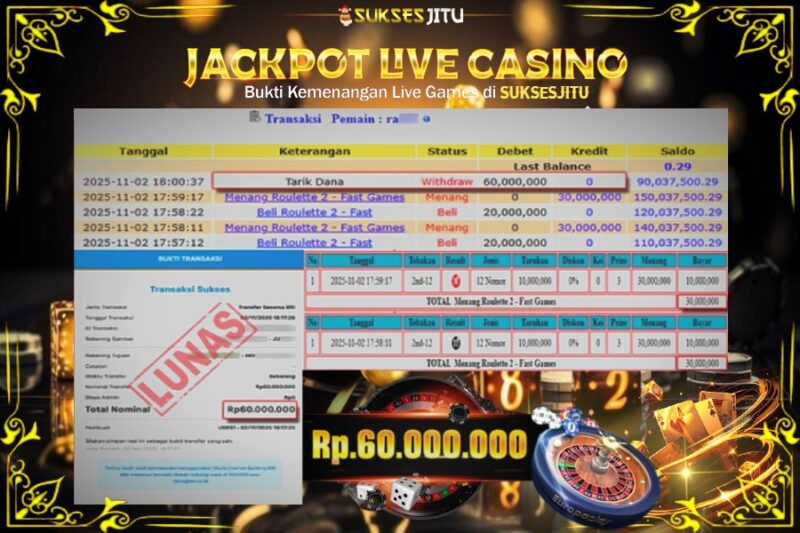 SUKSESJITU JACKPOT LIVE GAMES ROULETTE 2 Rp.60.000.000.,- LUNAS
