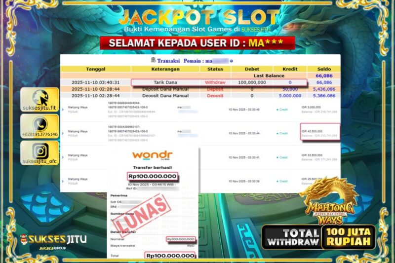 SUKSESJITU JACKPOT SLOT MAHJONG WAYS Rp.100.000.000,- LUNAS