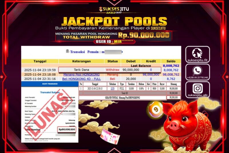 SUKSESJITU JACKPOT TOGEL PASARAN HONGKONG LOTTO Rp.90.000.000,- LUNAS