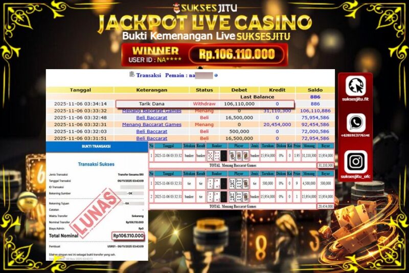 SUKSESJITU JACKPOT LIVE GAMES BACCARAT Rp.106.110.000,- LUNAS