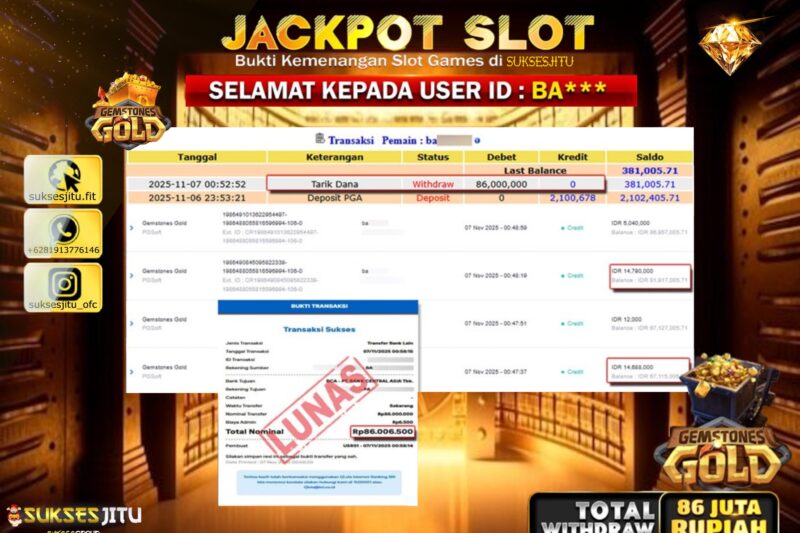 SUKSESJITU JACKPOT SLOT GEMSTONES GOLD Rp.86.000.000,- LUNAS
