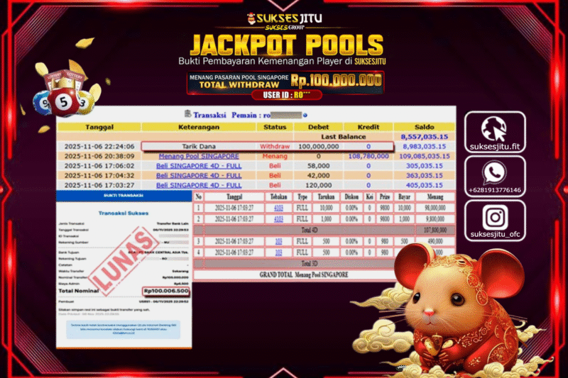 SUKSESJITU JACKPOT TOGEL PASARAN POOL SINGAPORE Rp.100.000.000,- LUNAS