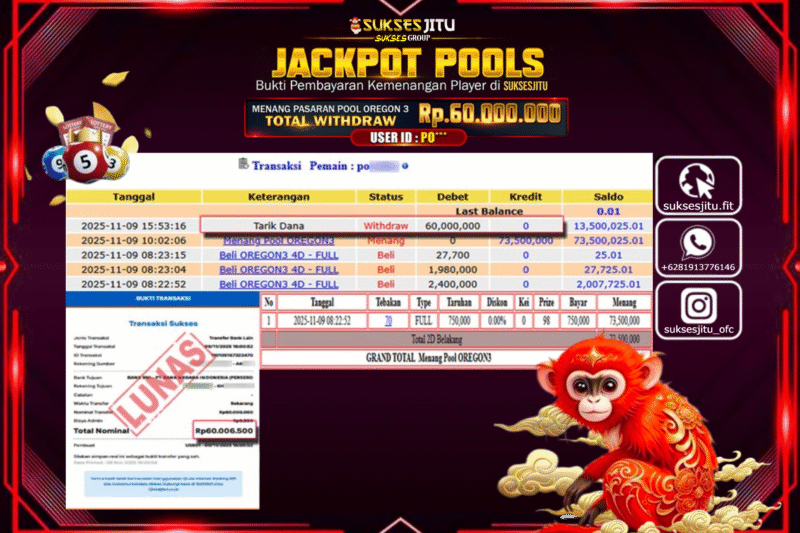 SUKSESJITU JACKPOT TOGEL PASARAN POOL OREGON 3 Rp.60.000.000,- LUNAS